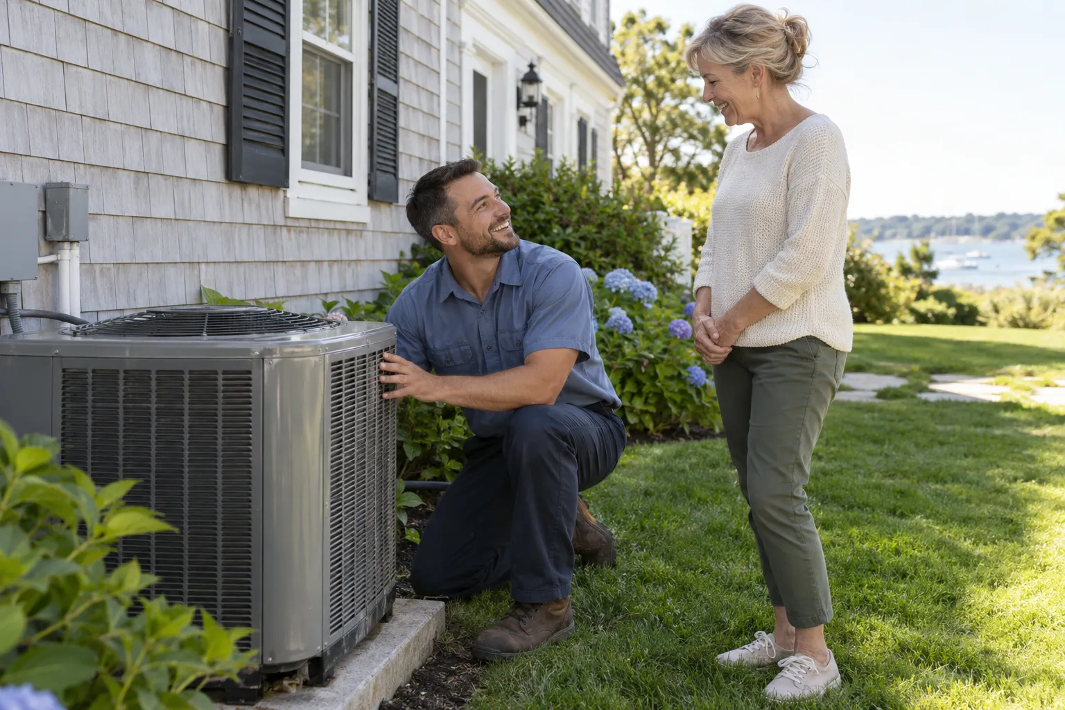 A friendly HVAC provider kneeling beside an outdoor AC unit in the Hammonton area
